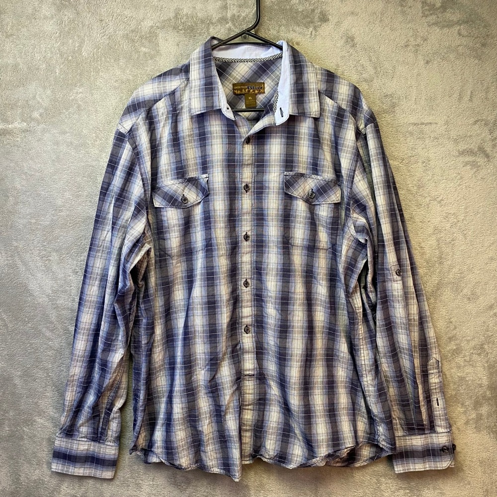 Pronto Uomo Blue Plaid Button Down Shirt Mens XL Long Sleeve Roll Tab Cotton‎